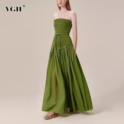 VGH Solid Patchwork Lace Up Elegant Dress For Women Starpless Sleeveless High Waist Temperament Long Dresses Female Fashion New