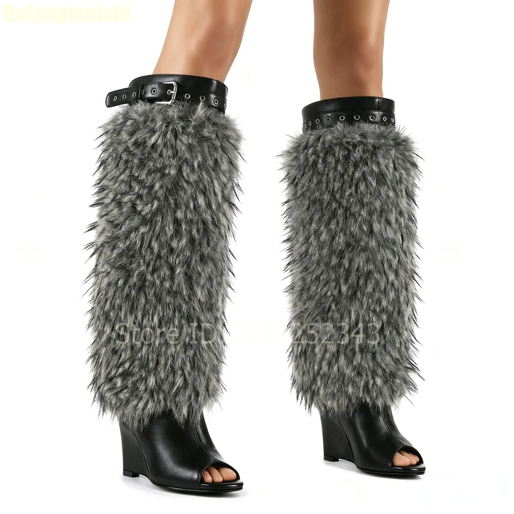 

Sexy Stage Wedge High Heels Knee-High Boots Black Leather Belt Buckle Women Grey Fur Large Size 43 Fashion Summer Sandals