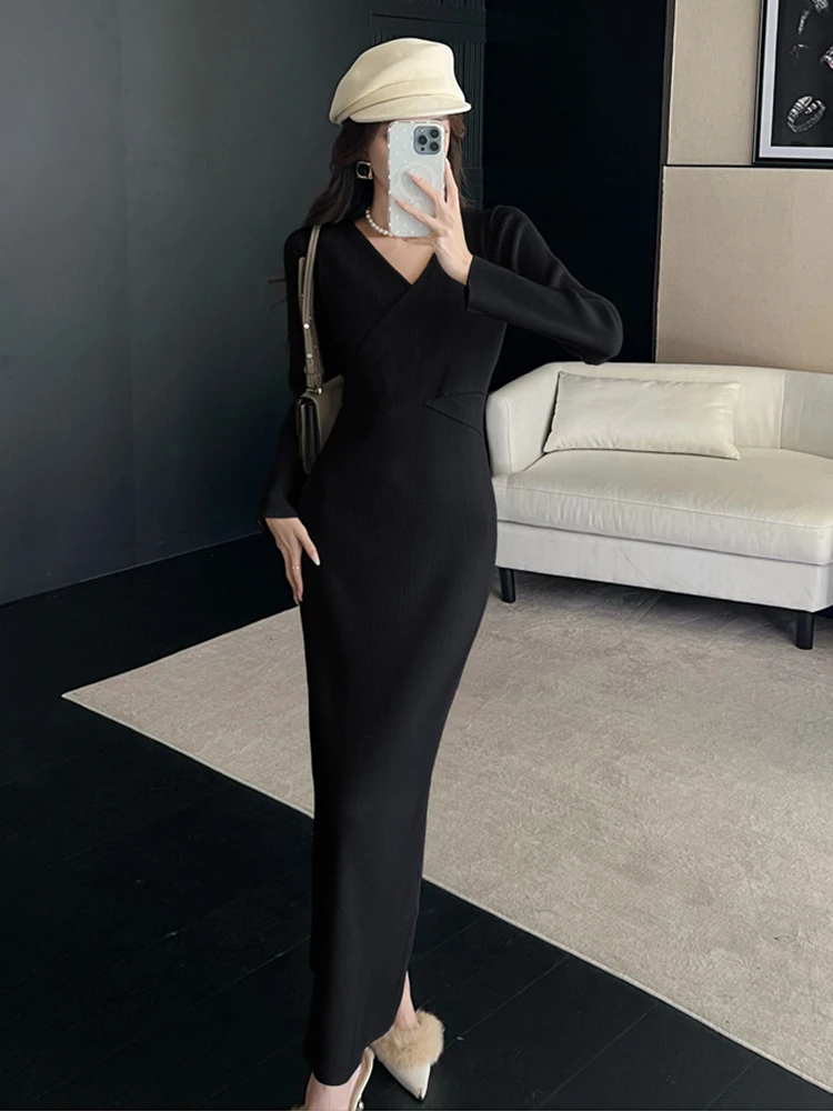 Frauen Straße Kleidung Pullover Beiläufige Gestrickte Einfache Feste V-ausschnitt Dünne Bodycon Maxi Lange Kleid Elegante Dame Mode Vestido Robe
