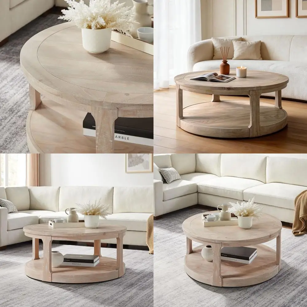 

40 Round Wooden Coffee Table with Wheels, 2-Tier Center Table, Vintage-Style Living Room Furniture, 40 Diameter x 17.52 Height (