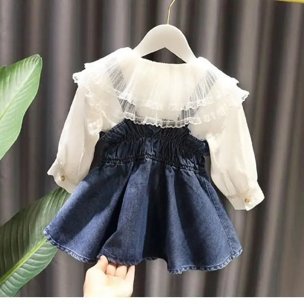 Lente en herfst meisjes babykleding set mode shirt met lange mouwen denim bandjurk tweedelige set kinderjurkset