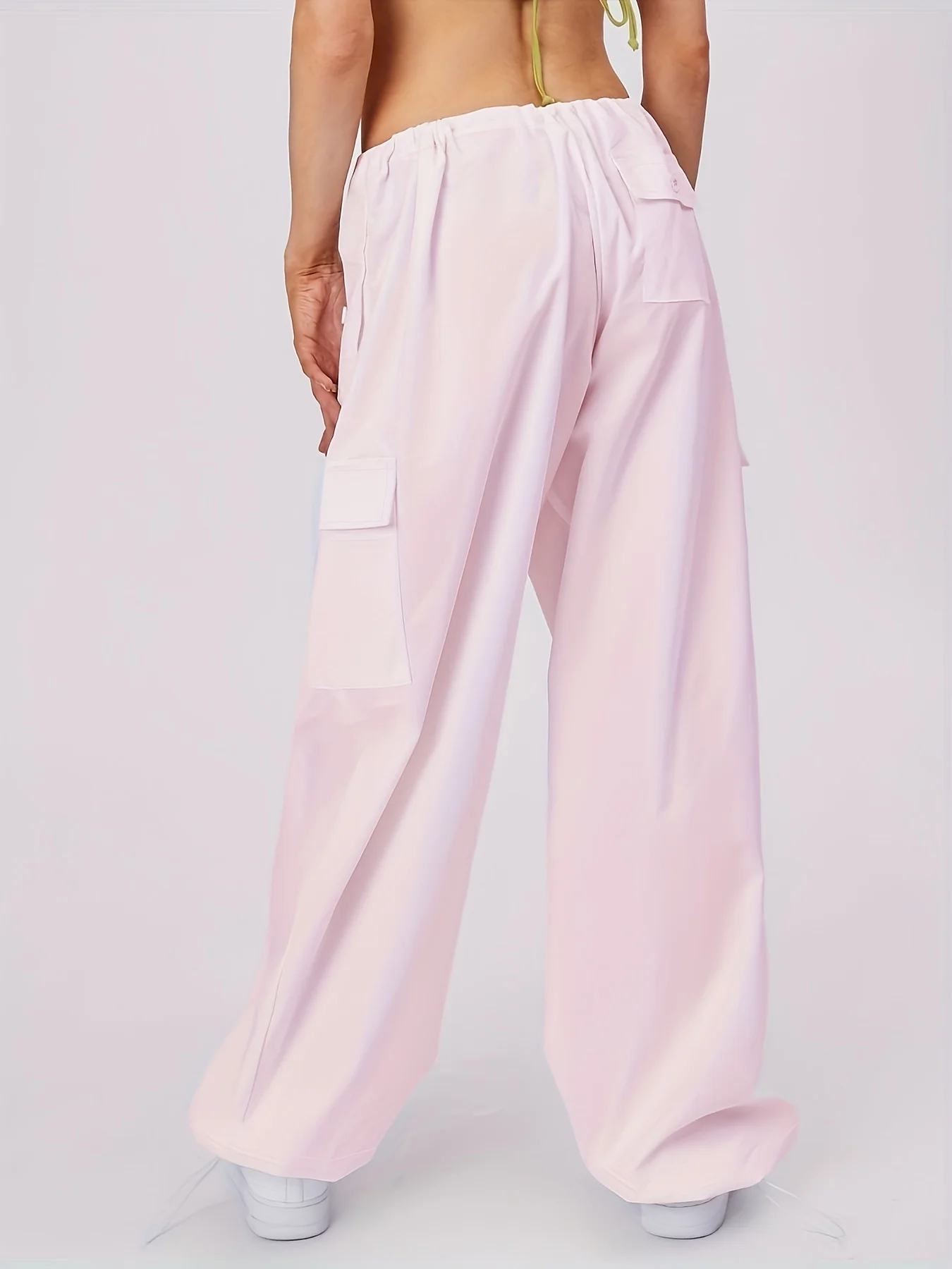 กางเกงลำลองผู้หญิงสีชมพูทรงโอเวอร์ไซส์ ผ้าทอ สวมใส่สบาย ทรงหลวม เอวสูง ทรงขาตรง สีชมพู