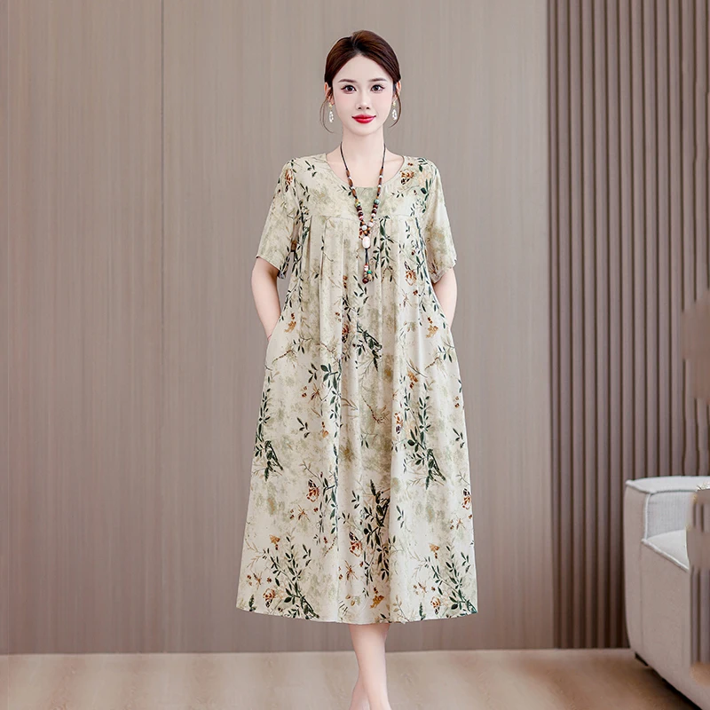 New Casual Fashion 2025 Summer Dress For Women Floral Printing Short Sleeve Elegant Vintage O-Neck Dresses Women Clothing