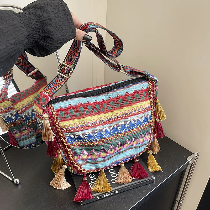 

Женская сумка для покупок, кошелек на молнии, сумки в этническом стиле, парусиновая сумка на плечо, маленькая сумка-тоут 2025 года, тканая пляжная сумка через плечо в стиле бохо
