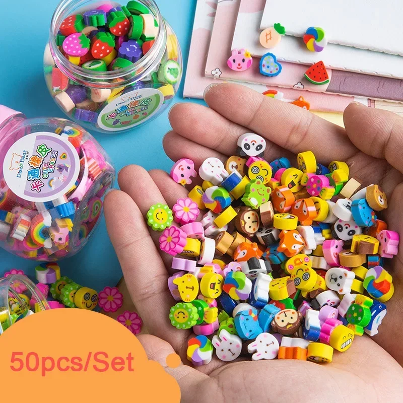50 teile/satz Nette Gummi Radiergummi Kreative Tier Obst Bleistift Radiergummis Mini Kawaii Schreibwaren Kinder Student Büro Liefert