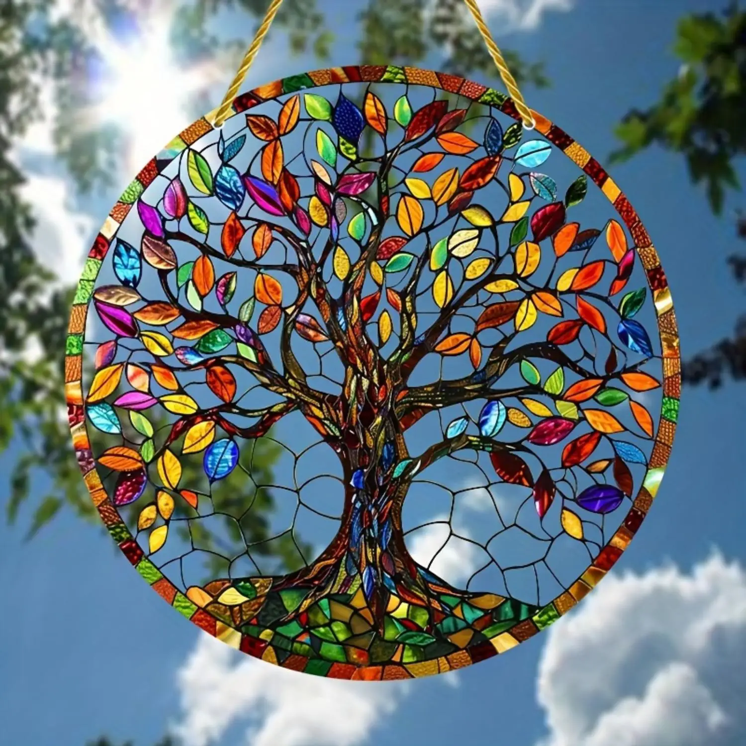 Tree of Life Sun Catcher, Colorful Glass-Look Yard Sign, Round Wreath Sign (14.99cm x 14.99cm), All-Season Exquisite Gift