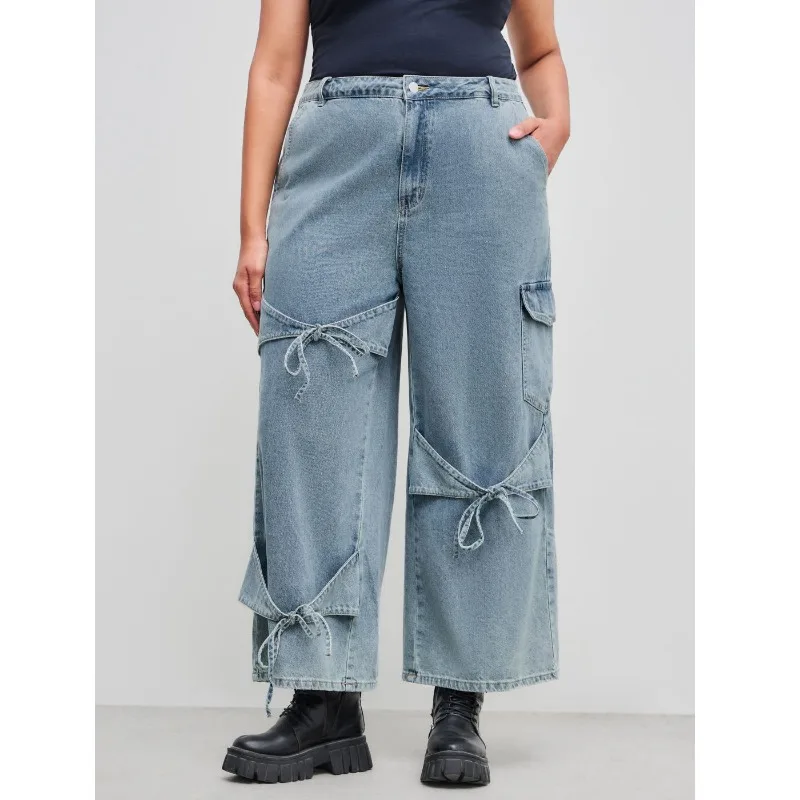Women's Loose Fit Denim Jeans Elastic Waistband Casual Wide Leg Pants Large Size Versatile Simple Design with Pocket Unique Styl view 4