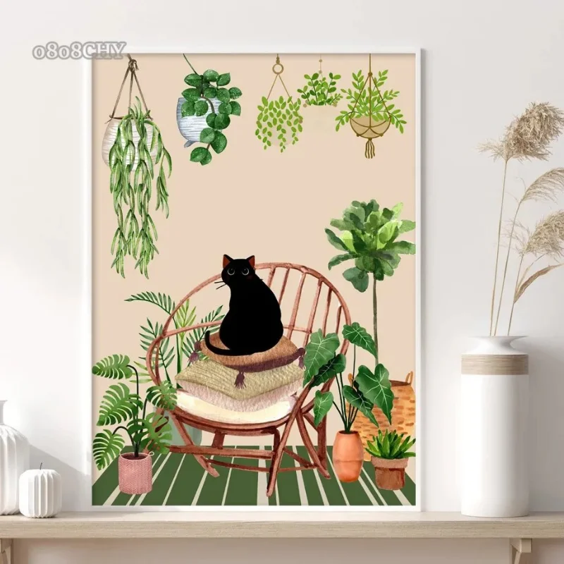 Abstract Green Plants Black Cat Posters and Prints Wall Art Canvas Painting Aesthetics Wall Pictures for Boho Living Room Decor