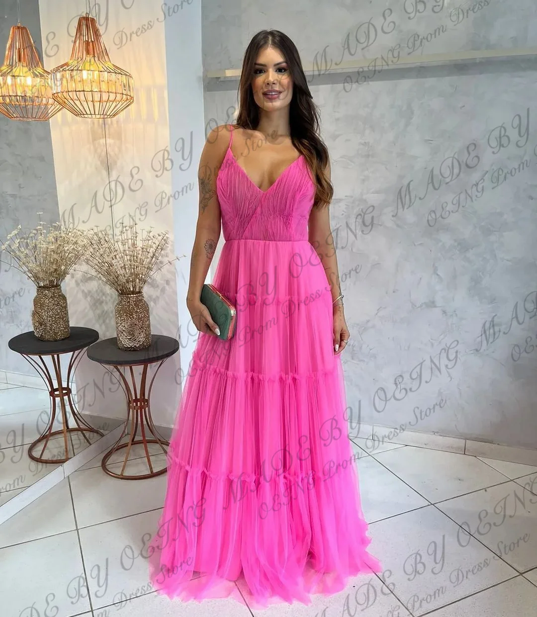 OEING Pink Prom Dresses Simple V Neck Tulle Tiered Evening Dress Elegant Floor Length Wedding Party Gowns Vestidos De Noche