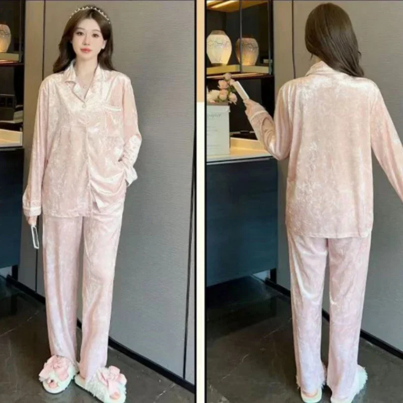 Gold Velvet Pajamas Autumn Winter Women Long Sleeve Casual High-End Cardigan Homewear Suit Female Sweet Loose Nightclothes 2024