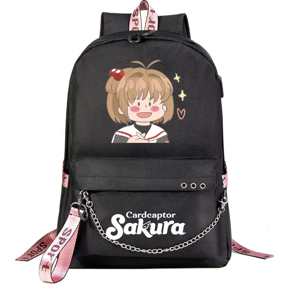 Anime sakura menina cartão captor usb mochila escola livro sacos fãs sacos de viagem portátil corrente fone de ouvido