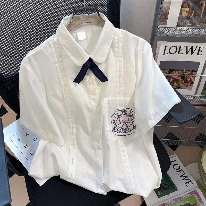 

Preppy Style Embroidery Shirts Women Lovely Age-reducing Summer New Students JK White Blouse Korean Loose All-match Casual Tops