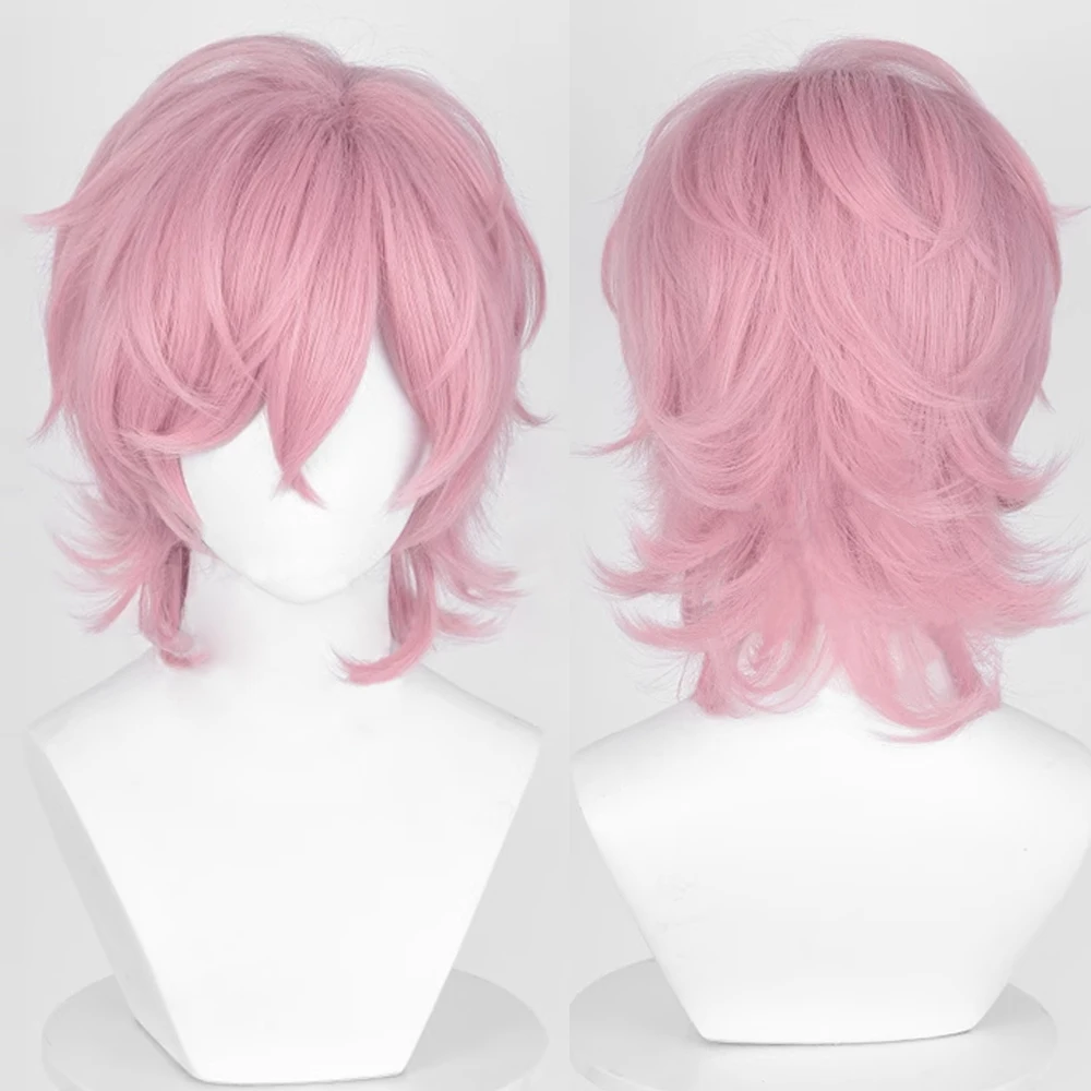 

Synthetic Short Pink Wavy Wig with Bangs Fluffy Anime Game Cosplay Men Hair Heat Resistant Wig for Daily Party