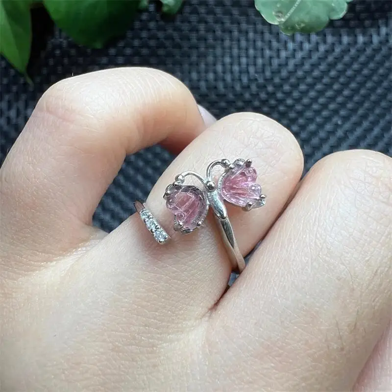 

S925 Natural Watermelon Tourmaline Butterfly Ring Colour Crystal Trendy Creative Mature Fashion Jewelry Gift 1PCS