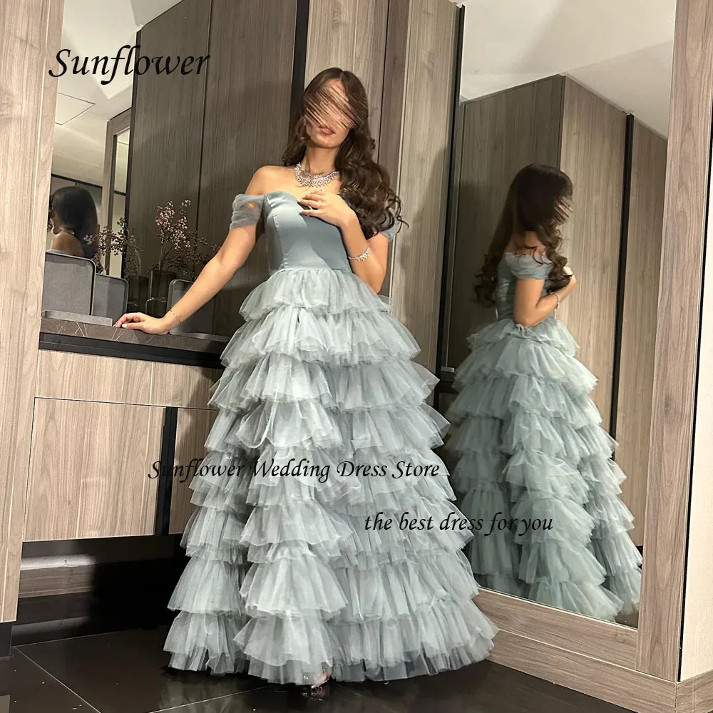 

Sunflower Sweetheart Cap Sleeve Evening Dress 2023 Slim Tulle Prom dress Tiered Mermaid Floor-Length Pary Dress