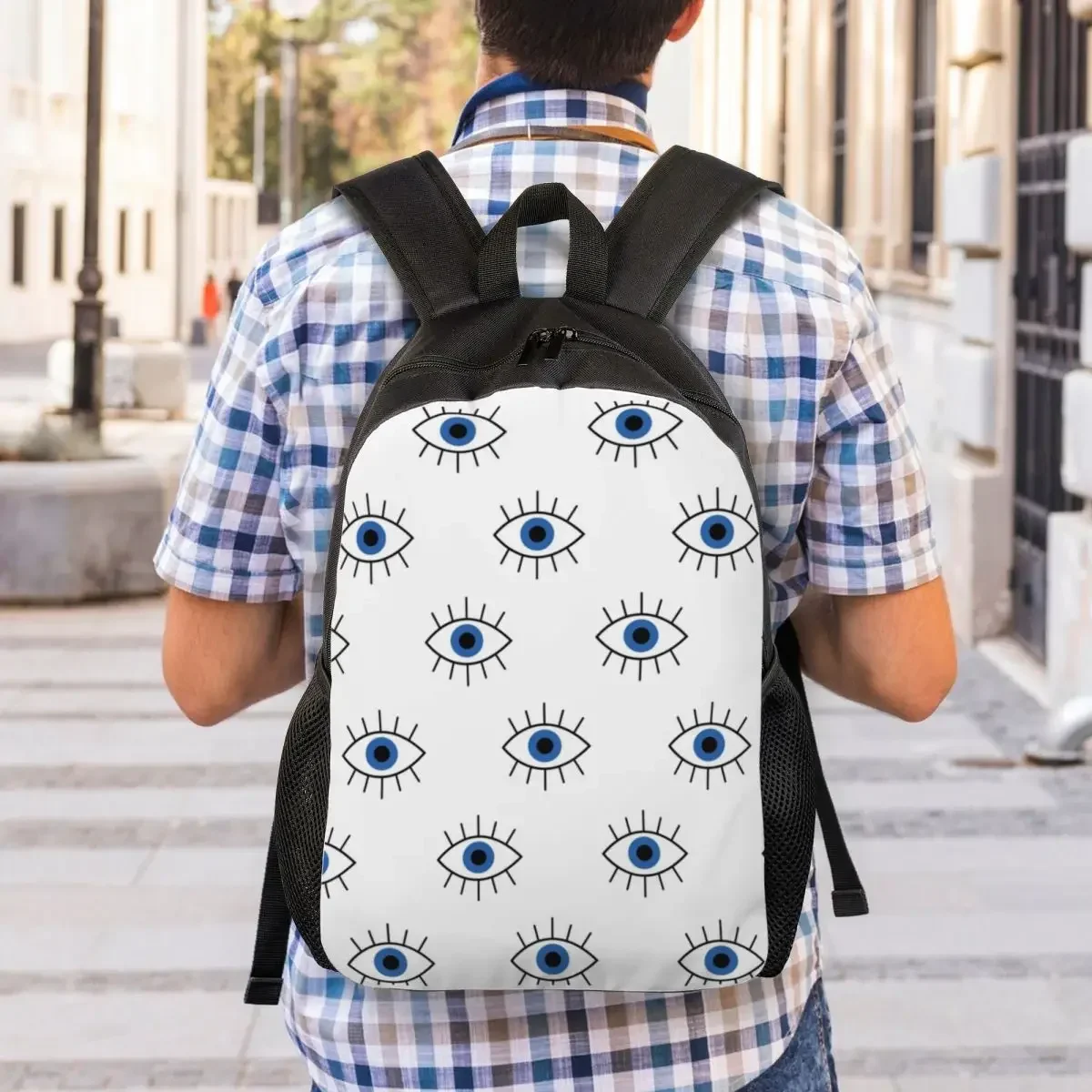 Maßgeschneiderter süßer blauer türkischer Evil Eye Laptop-Rucksack für Damen und Herren, lässige Büchertasche für Schule, Studenten, Nazar-Amulett, Boho-Tasche