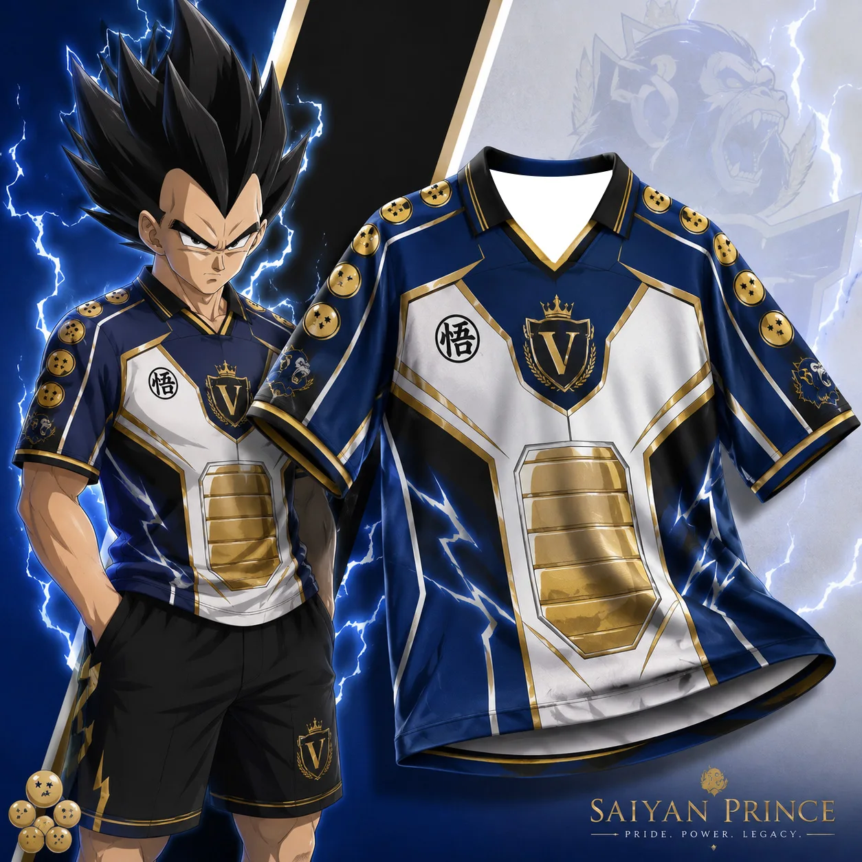 Dragon Ball Begita Saiyan Prince Jersey Blau Gold Anime 3D-Druck Oversized Loose Kurzarm-T-Shirt für Herren und Damen – Detail 4