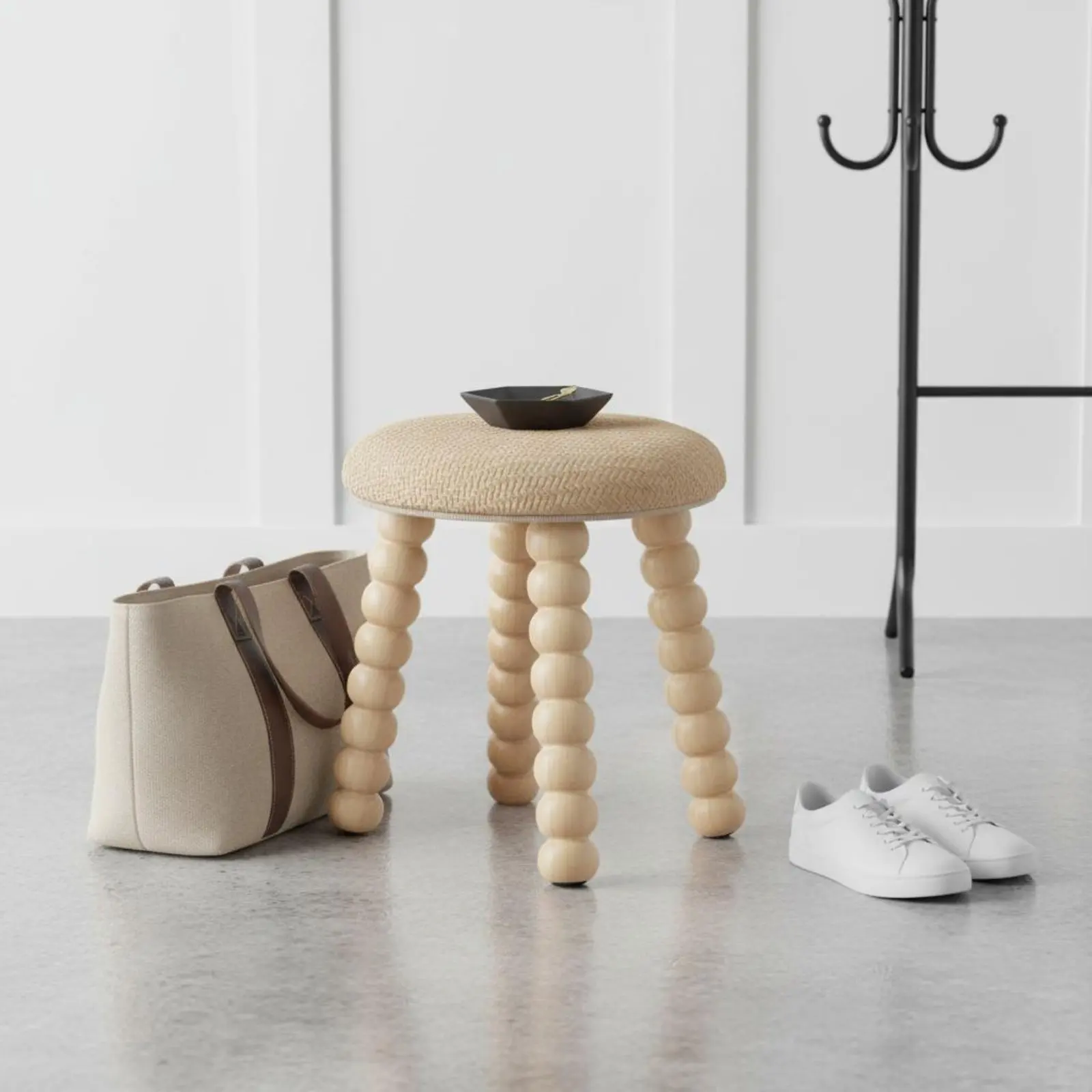 

Woven Rattan Stool Rounded Design Round Wooden Stool Wooden Vanity Seat Stable and Sturdy Household Furniture Anti-Slip Feet