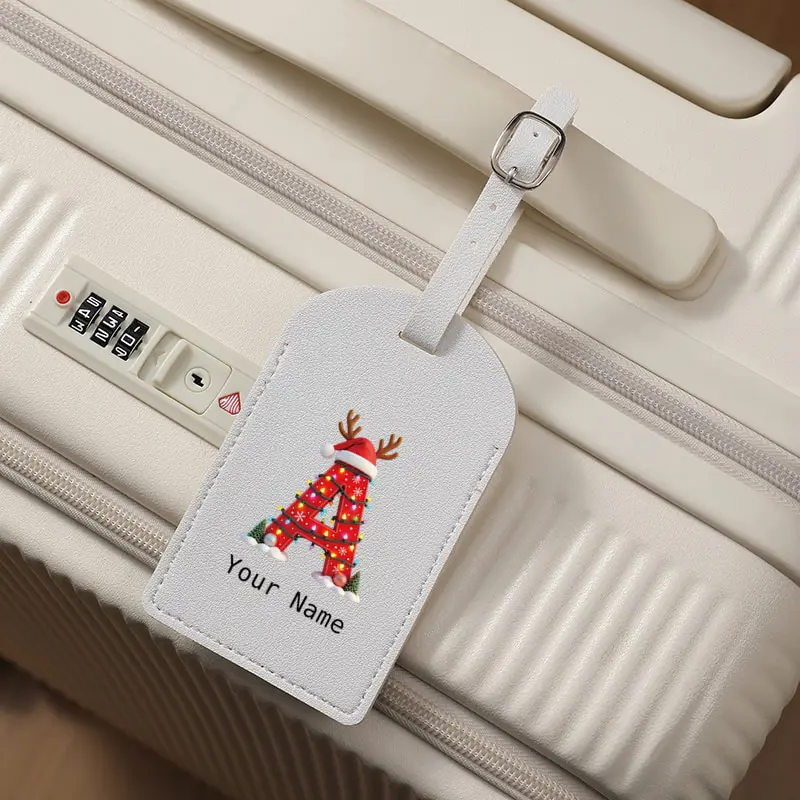 A-Z Initial Letter Luggage Tag Custom Name Christmas Antler Light Personalized PU Leather Suitcase Tag Travel Christmas Gift