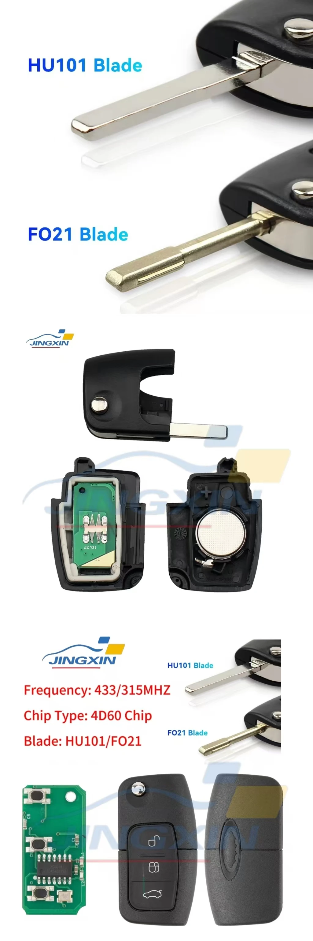Jingxin 315/433MHz 4D63Chip Fernbedienungsschlüssel für Ford Focus 3 Mondeo C Max S Max Galaxy Fiesta HU101 / FO21 Klinge 3 Tasten Autoschlüssel – Detail 2