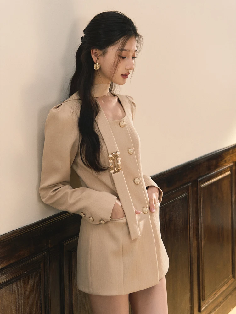 Korean Women's Long puff sleeve blazer dress with sashes 2025 Spring Khaki Elegant Pearl single breasted jacket Slim INKEO 4D158