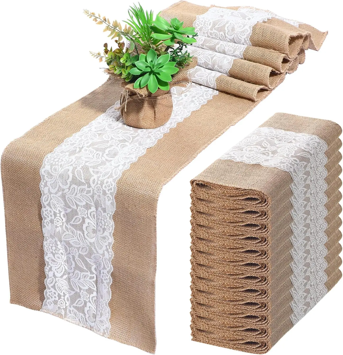 

12 Pcs 12x108 Inch Burlap Table Runners with White Lace Rustic Decor for Wedding Party Home