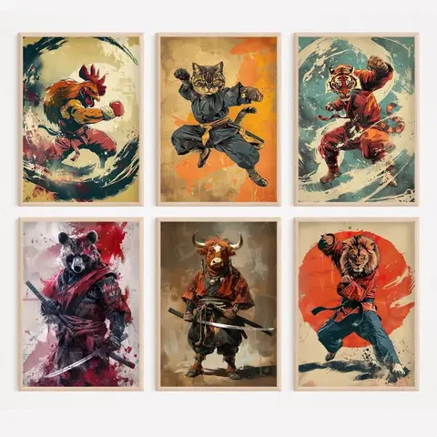 Divertido cartel de animales Ninja, gato, vaca de las tierras altas, Tigre, León, lanzamiento de patada de Karate, artes marciales Vintage, estilo de película, arte de pared, decoración del hogar