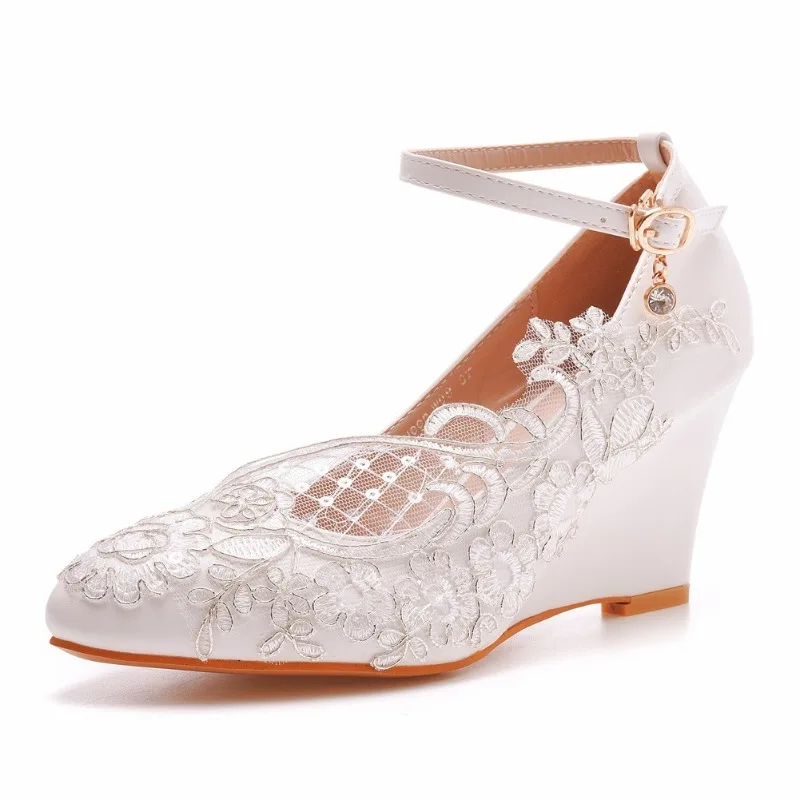 Woman Pumps Brand Design Lady Round Toe Lace Buckle Strap PU 8CM Wedges Lady Wedding Korean Style Women Shoes White