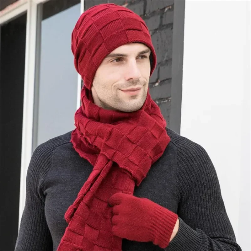 Men Knitted Long Scarf Hat Gloves 3 Piece Set Man 2019 Winter Warm Plush Protection Ear Cap Scarves And Touchscreen Gloves