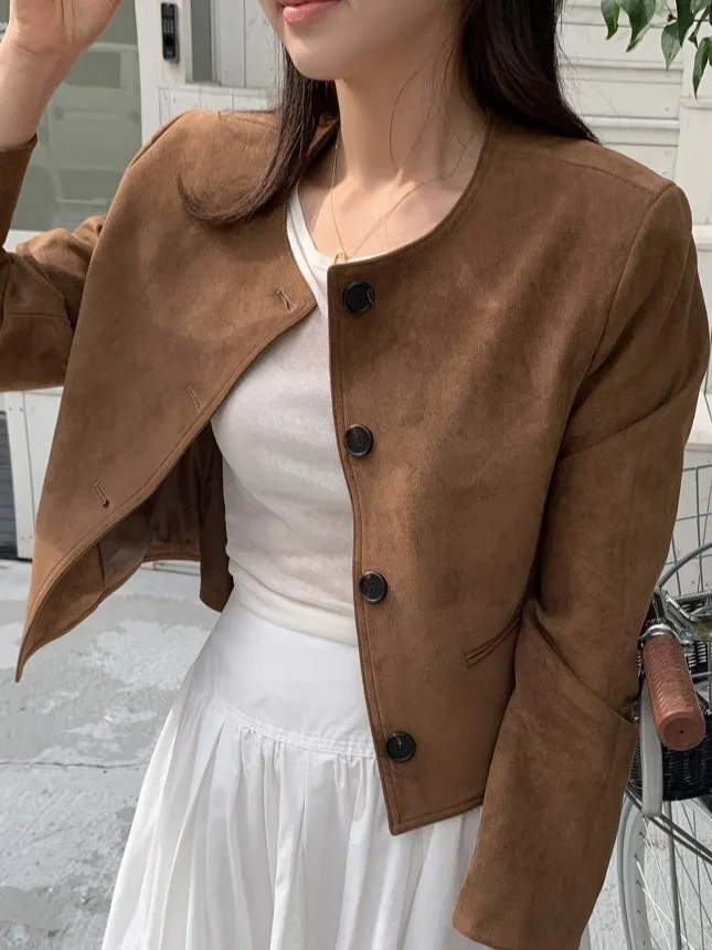 

Retro Faux Leather Velvet Versatile ort Coat Women's Design Sense round Ne Single Button Open Cardigan Top Loose Fit