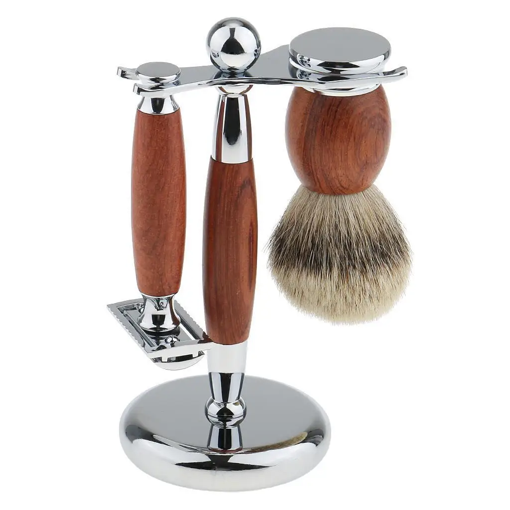 

Men's Premium Shaving Set Rosewood Shaver Brush Alloy Stand Holder Storage Shave Tool Facial Clean