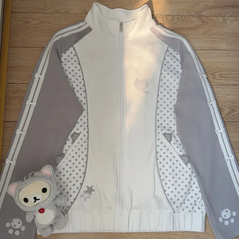 Kimotimo Japanese Cute Cartoon Embroidery Polka Dot Sweatshirt Women Sweet Stand Collar Loose Casual Jacket Retro Y2k Streetwear - view 5