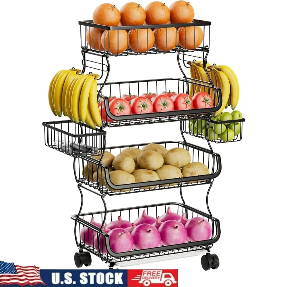 

4 Tier Rolling Cart Kitchen Storage Organizer Metal Wire Basket Stand with Wheels Hanging Baskets Fruits Vegetables