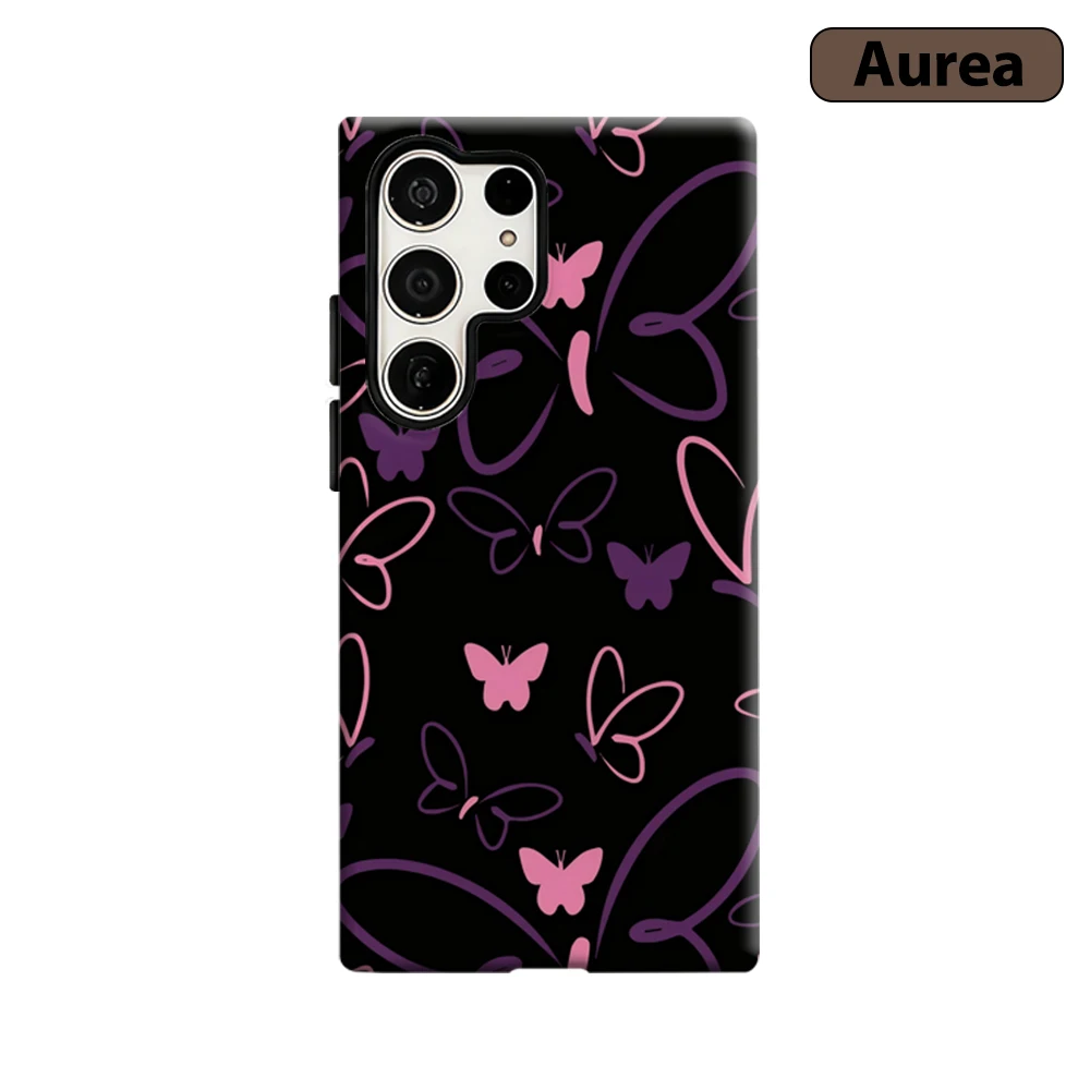 Pink & Purple Butterflies Phone Case for Samsung Galaxy S25 Ultra S24 S23 Ultra Plus Shockproof Double Layer Tough Back Cover