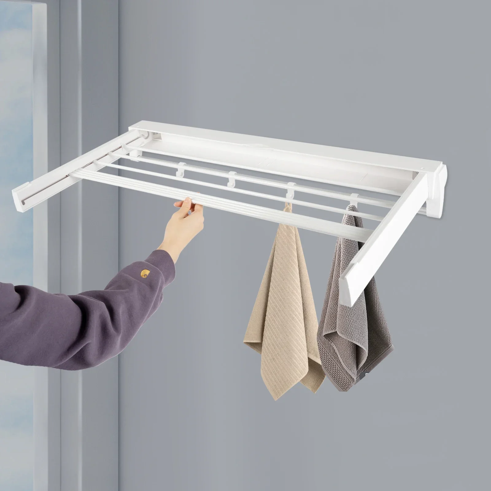 

Wall Mount Retractable Clothes Drying Rack,Aluminum, ABS White Clothing Hanging Rack,large Bearing Capacity