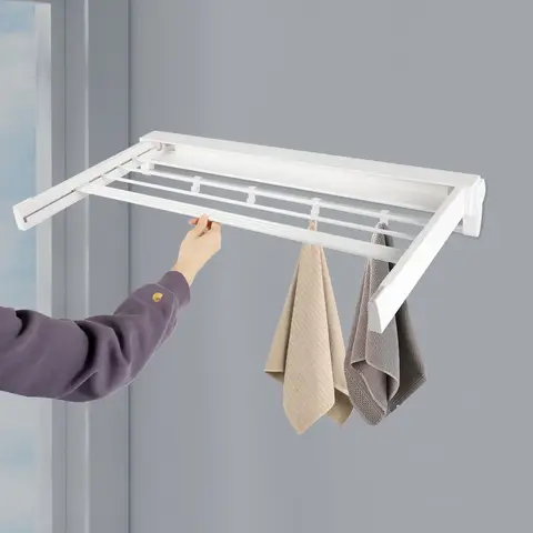 Wall Mount Retractable Clothes Drying Rack,Aluminum, ABS White Clothing Hanging Rack,large Bearing Capacity