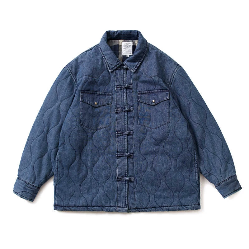 

New Chinese Style Retro Button Washed Denim Cotton Clothes for Men and Women Loose Winter Parkas Outerwear Trend