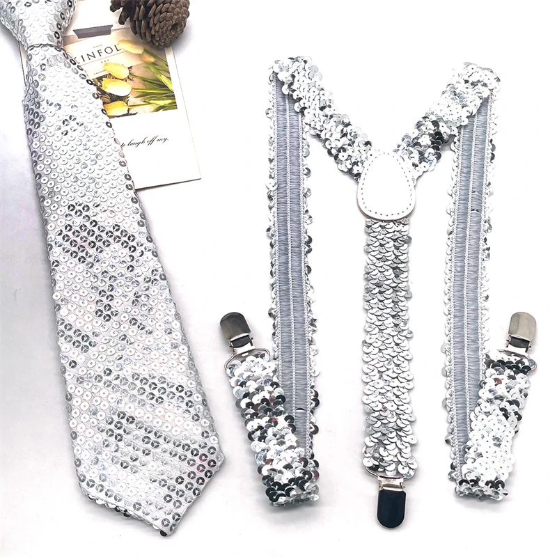 Men Sparkly Sequins Suspenders Necktie Set Clip-on  Y-Shape Back Brace Suspenders Shinning Cosplay Costume