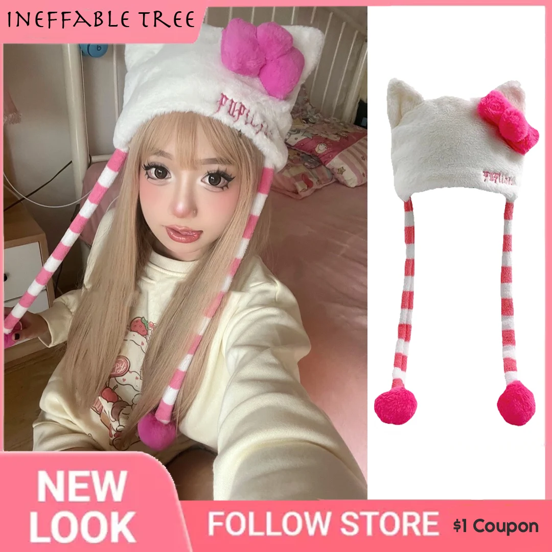 

Y2k Cute Japanese Beanies Hats for Women Handmade Striped Sweetheart Girl Knit Cap Autumn Winter Warm Devil's Ears Caps Gorras