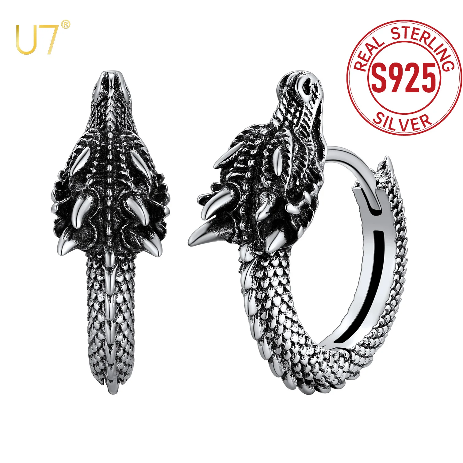 

U7 стерлингового серебра 925 пробы 3D серьги-кольца с драконом Huggie античное серебро/черный цвет животных готический панк унисекс ювелирные изделия подарок