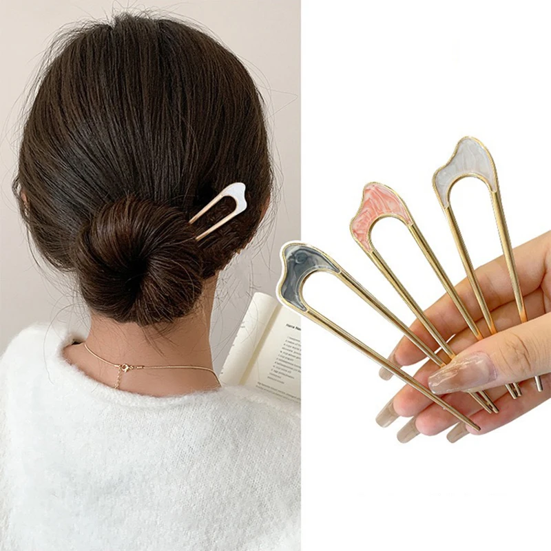Marble Enamel U Shaped Hair Pins Gold Metal 2 Prong Hair Fork Minimalist Elegant Bun Hair Stick Women Daily Hair Accessories