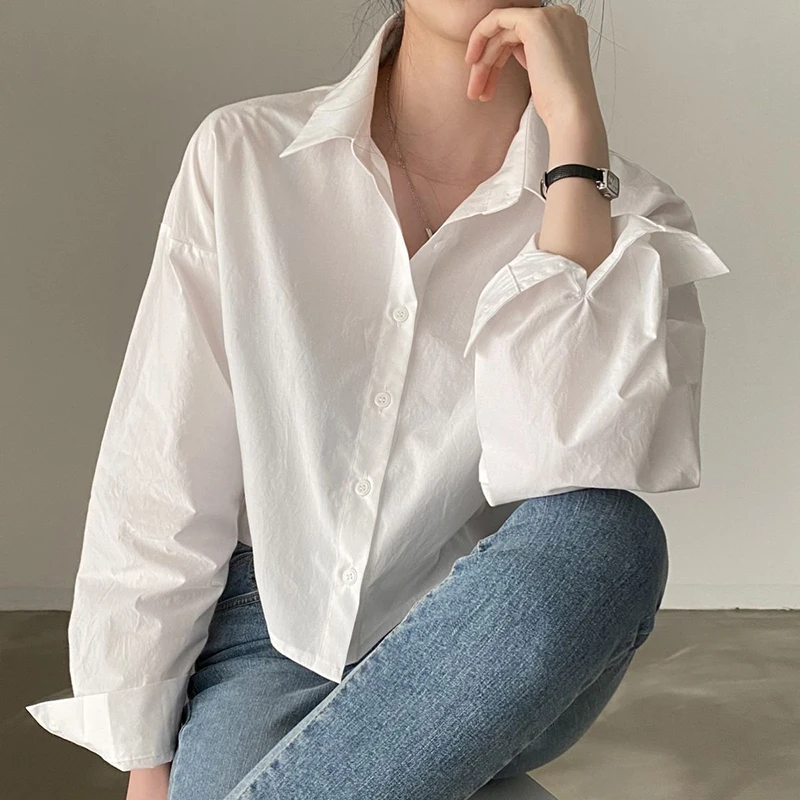 Korean Chic Women Shirts Loose Slit Long Sleeve Female Casual Blouse Summer New All Match Turn Down Collar Ladies Crop Tops