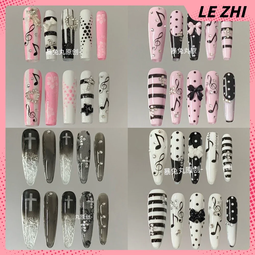 

Y2K Long Coffin Handmade Press On Nails Tip Spicy Girl Fashion Diamond Flower Bow Musical Notes Wings Nails Party Sticker