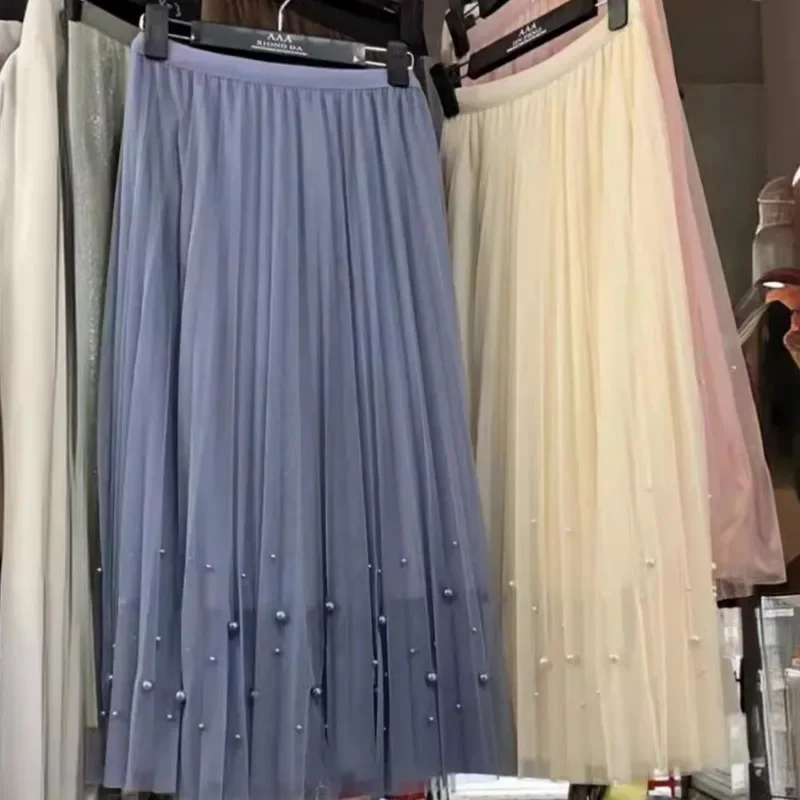 Solid Casual Tule Rok Voor Vrouwen 2025, Zomer Mode Vrouwen Hoge Taille Geplooide Midi Rok Vrouwelijke Straat Zwarte A-lijn jurk