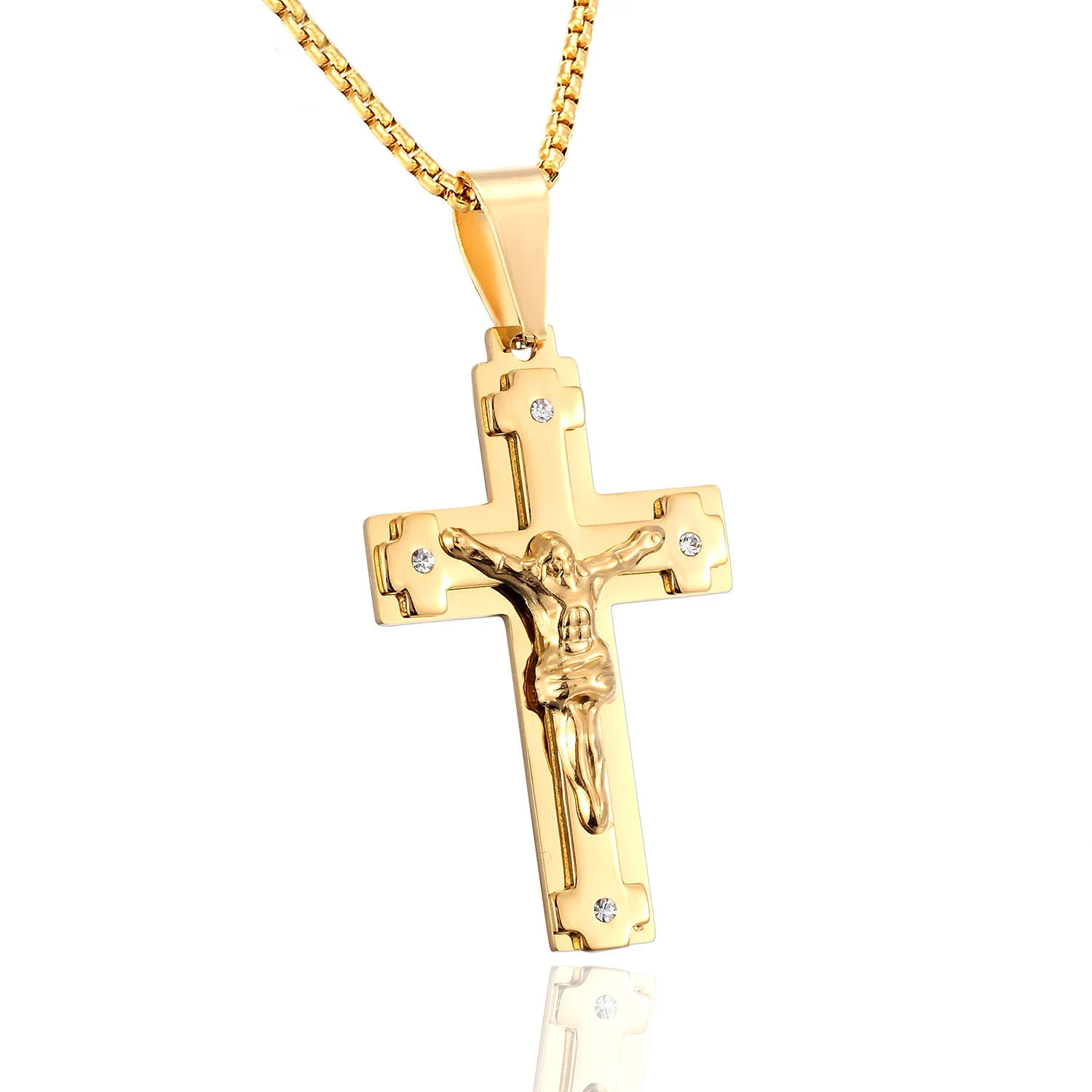 

Big Jesus Christ Cross Pendant Dropshipping Gold Color Stainless Steel Christian Amulet Necklace for Men Religious Jewelry Gift