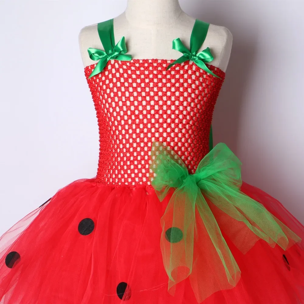 2024Tutu Skirt Girls Performance Clothes Princess Dress Skirt Children's Skirt Mesh Dress Red Strawberry