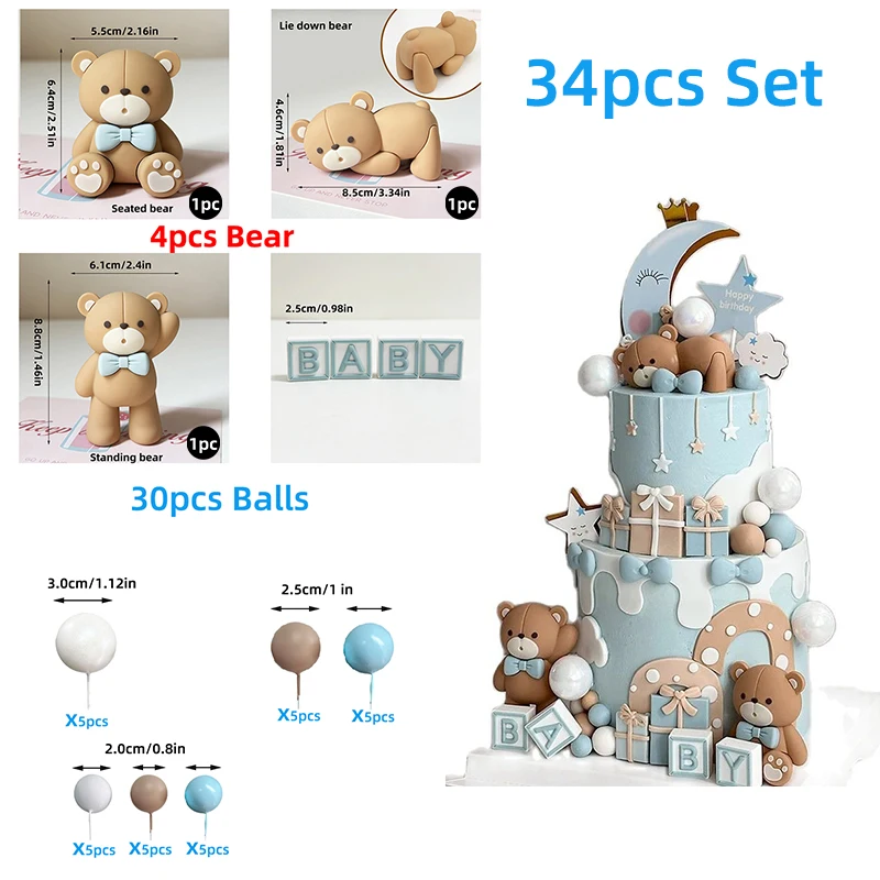 Bear Cake Topper Blue Bear Balls for Baby Shower Party Decoration Blue Mini Bear Kids Happy Birthday Party Supplies Teddy Theme