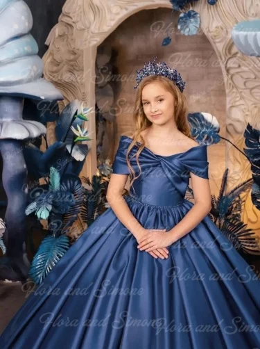 ชุดเดรสเด็กผู้หญิงสีน้ำเงินรอยัลสำหรับงานแต่งงาน ผ้าซาตินยาวกรอมพื้น สำหรับงานวันเกิด งานฉลองวัย 15 ปี งานพิธีการ งานพรอม สามารถสั่งตัดได้