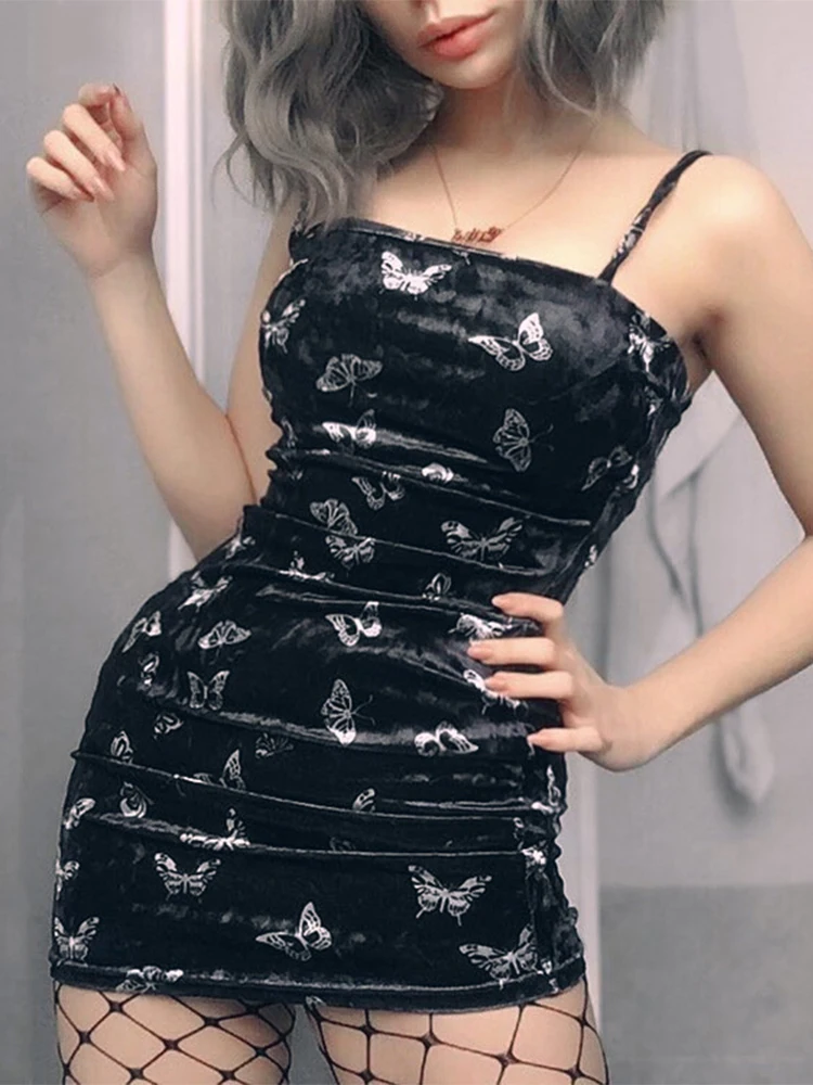 Harajuku Black Dress Women Gothic Spaghetti Strap Backless Off Shoulder Dresses Female Fashion Casual Print Sexy Dress