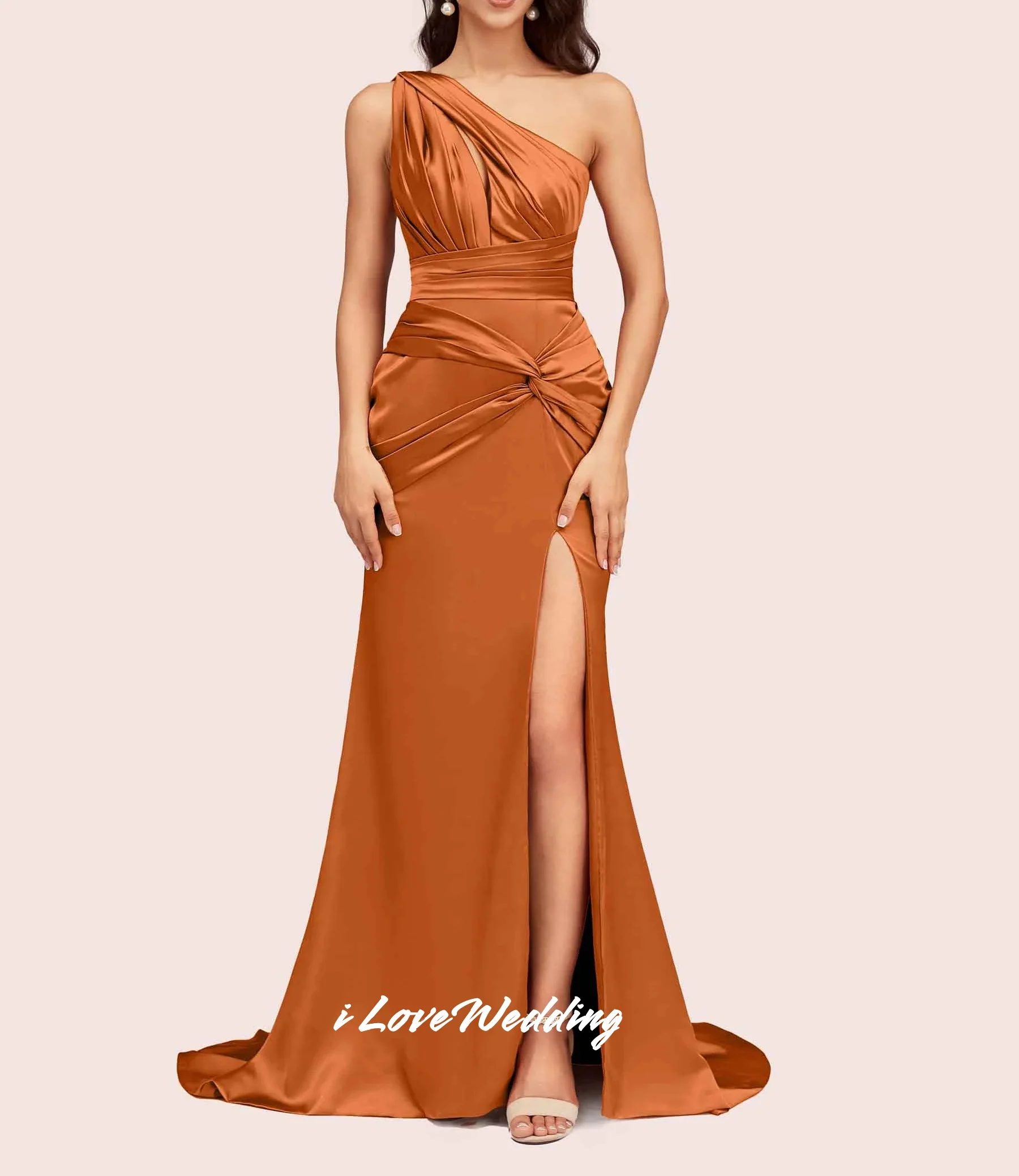 Vestido de dama de honor naranja con un hombro, vestido de fiesta plisado sin mangas, sin espalda, sirena dividida hasta el suelo, personalizado, 2025